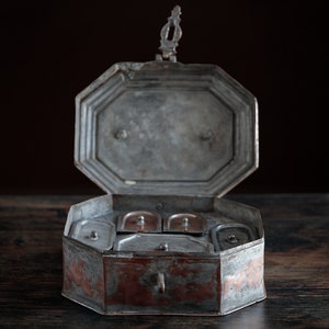 Old compartmentalised paan daan box, tinned copper storage box, Asian home decor