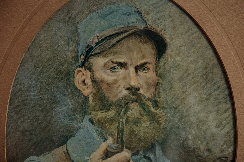 Pode incluir: Uma pintura em aquarela de um homem com barba usando um bon&eacute; azul e segurando um cachimbo na m&atilde;o.