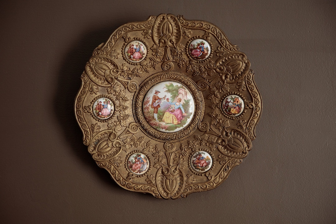 Antique Brass Wall Hanging With Ceramic Cabochons Bearing Jeanhonoré