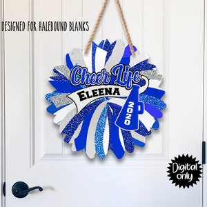 Pom Pom Cheer Door/Wall Hanger design Blue and White-  Sublimation- PNG-PDF file download-Halebound Blank