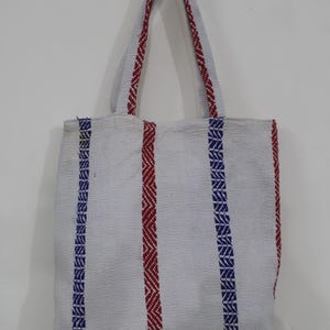 Handwoven Cotton Tote Bag with Red & Blue Stripes – Eco-Friendly, Handmade Shoulder Bag