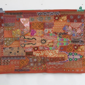 Vintage Patchwork Tapestry: Hand-Stitched Indian Cotton Wall Hanging