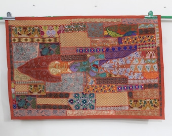 Tenture Murale Indienne Vintage Brodée Et Perlée - 60x40 Pouces - Multicolore - Coton