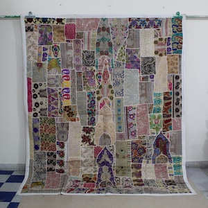 Boho patchwork wandtapijt wandkleed – vintage geborduurde textielkunst quilt, boho woondecoratie