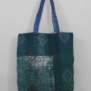 Handmade Cotton Tote Bag – Blue & Black Striped Shoulder Bag with Pocket – Eco-Friendly Reusable Shopping Bag