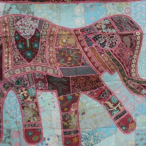 Handgemaakt tapijt van Indische olifanten | Boho muurhanger | Vintage patchwork geborduurd textiel | Olifantdecoratie | Etnische muurkunst