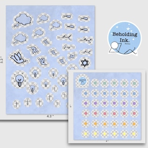 May include: Two sticker sheets with religious and inspirational designs. One sheet is 5.2" x 4.2" and features doves, lightbulbs, crosses, and other symbols. The second sheet is 4" x 4" and has colorful dot stickers. The brand logo is also visible.