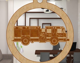 Adorno de camión de bomberos de abedul grabado, regalo para socorristas