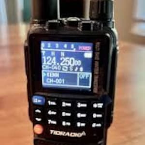 May include: A black handheld two-way radio with a digital display showing "124.2500" and "CH-001". The radio has a telescopic antenna and a red button on the side.