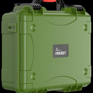 May include: A rectangular olive green hard-shell protective case with a black handle featuring a red accent. The case has a reinforced exterior design with molded corners and a black rectangular label on the front displaying the white text MEKEET.