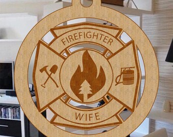 Adorno de esposa de bombero forestal, madera de abedul grabada, regalo de Navidad
