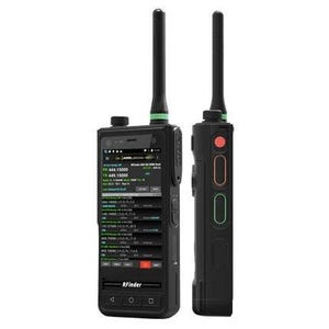 May include: A black handheld two-way radio with a touchscreen display and an antenna. The screen shows text and numbers, including "444.15000" and "448.15000". The radio has a green and red button on the side. The radio is labeled "R-Finder".