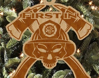 Adorno navideño de bombero personalizado, madera de abedul grabada