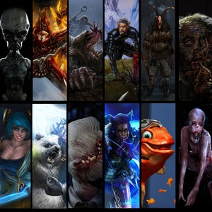 May include: A collage of ten different digital illustrations featuring various characters and creatures. The images include a grey alien, a red and gold armored figure, a monstrous creature, a human character in a black suit, a creature with horns and fur, a mossy creature, a blue-haired female character, a white bear, a creature with a bloody mouth, a female character with blue hair and a blue and red outfit, a fish with goggles, and a creature with a pale complexion and a bloody mouth.