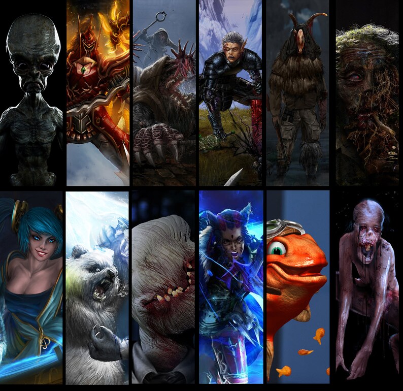 May include: A collage of ten different digital illustrations featuring various characters and creatures. The images include a grey alien, a red and gold armored figure, a monstrous creature, a human character in a black suit, a creature with horns and fur, a mossy creature, a blue-haired female character, a white bear, a creature with a bloody mouth, a female character with blue hair and a blue and red outfit, a fish with goggles, and a creature with a pale complexion and a bloody mouth.