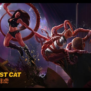 May include: A woman in a black and red outfit is fighting a man with tentacles. The woman is kicking the man in the face. The background is a dark stage with a red curtain. The text "GHOST CAT 男版" is visible in the lower left corner of the image.