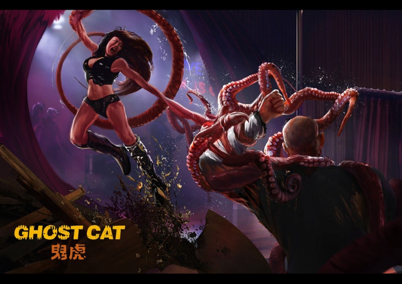 May include: A woman in a black and red outfit is fighting a man with tentacles. The woman is kicking the man in the face. The background is a dark stage with a red curtain. The text "GHOST CAT 男版" is visible in the lower left corner of the image.