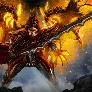 May include: A fiery red and gold armored figure with wings, wielding a large sword. The figure is surrounded by flames and smoke.