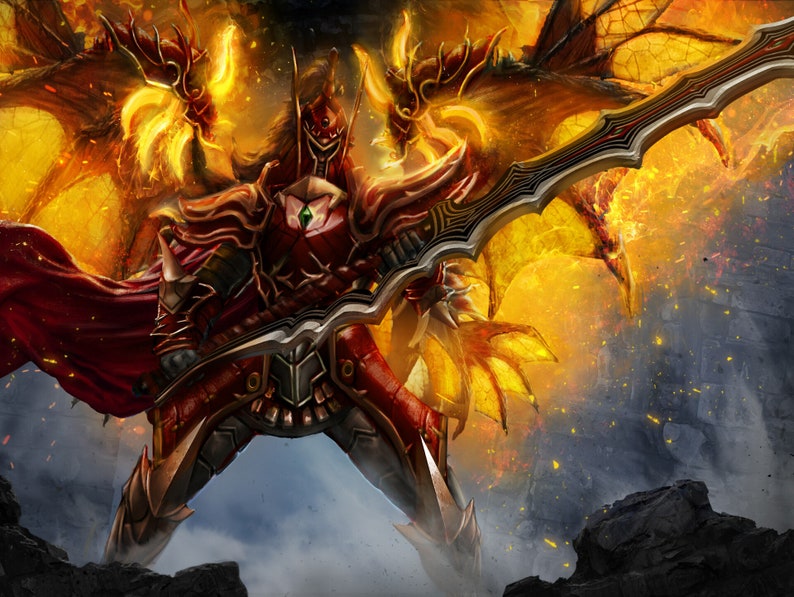 May include: A fiery red and gold armored figure with wings, wielding a large sword. The figure is surrounded by flames and smoke.