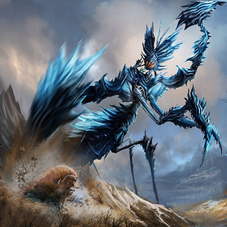 May include: A blue, crystalline creature with sharp, spiky appendages stands on a rocky, sandy landscape. It has a menacing expression and appears to be attacking a small, furry animal.