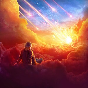 May include: A person wearing a jacket and a hat sits on a cloud, looking up at a fiery meteor shower in a sky filled with bright orange, yellow, and blue clouds.