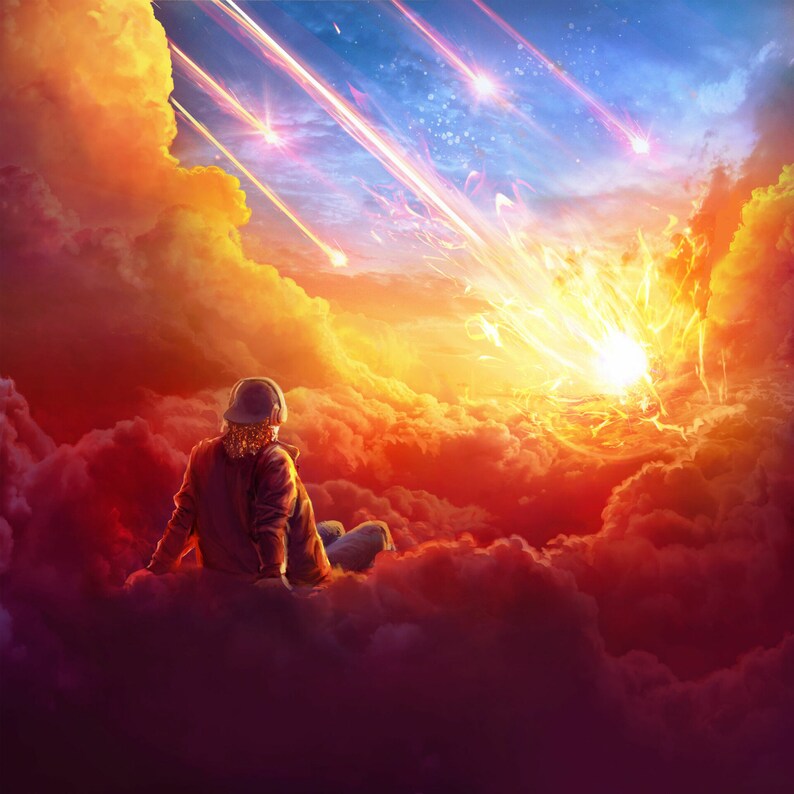 May include: A person wearing a jacket and a hat sits on a cloud, looking up at a fiery meteor shower in a sky filled with bright orange, yellow, and blue clouds.