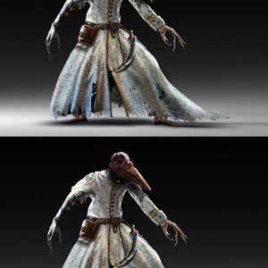 May include: A creature with a bird-like head and long beak, wearing a white robe with a brown belt and a dagger. The creature has a dark, feathered head and a long, thin beak. The robe is tattered and worn, and the creature's hands are clawed.