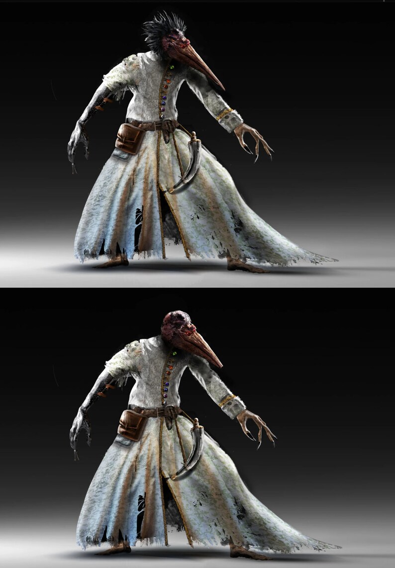 May include: A creature with a bird-like head and long beak, wearing a white robe with a brown belt and a dagger. The creature has a dark, feathered head and a long, thin beak. The robe is tattered and worn, and the creature's hands are clawed.