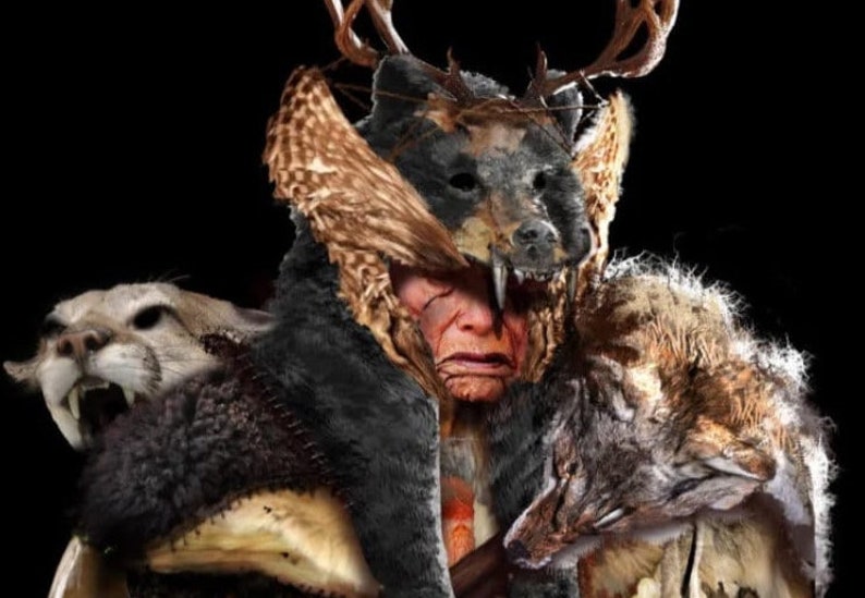 May include: A person wearing a costume made of animal furs and hides. The costume includes a bear head, deer antlers, and a wolf pelt. The person's face is painted with red and white markings.