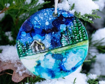 Snow Globe Scene: Hand Painted Ceramic Ornament