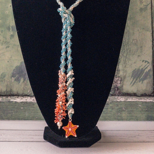 KIT - Shoreline lariat beadwork necklace, spiral rope, 3D Starfish, waves and anemones.  PDF Pattern included.