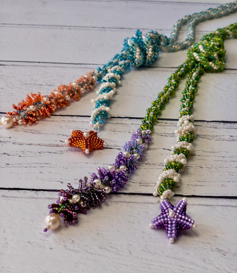 BEADWORK TUTORIAL Shoreline beaded necklace, lariat necklace, seed bead necklace, also available as a kit. Designed by Rebecca Webster image 1