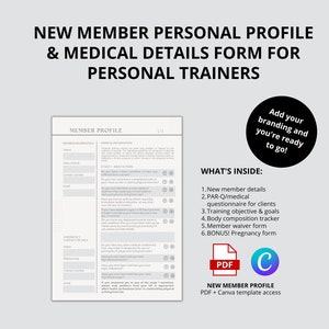 May include: A printable PDF form for personal trainers to collect new member details, medical information, and training goals. The form includes a PAR-Q questionnaire, body composition tracker, and a member waiver. The document is available as a PDF and Canva template.