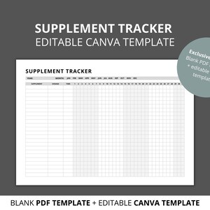 Op de afbeelding: Een zwart-witte printbare supplementen-tracker-sjabloon met kolommen voor jaar, maand, supplement, dosering, tijd en dagelijkse inname. Het sjabloon is ontworpen voor gebruik met Canva en bevat een blanco PDF-versie.