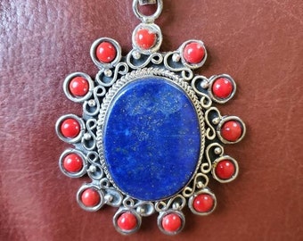 Sterling Silver Lapis Lazuli/Carnelian Pendant Vintage Large