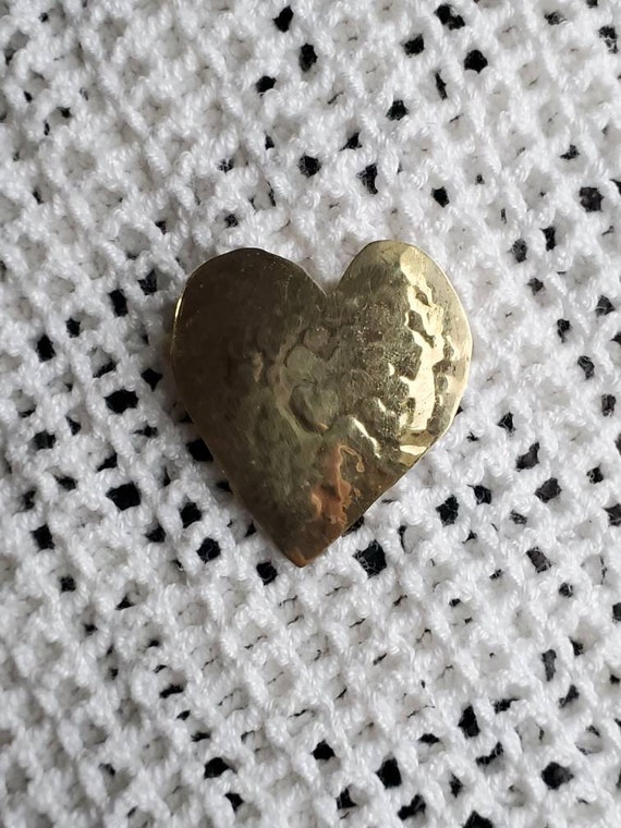 Hammered Brass Heart Brooch Signed - AH