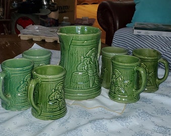 1920s McCoy Meade Pitcher and (6) Mugs