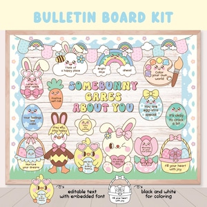 May include: A bulletin board kit with a wooden frame, featuring pastel-colored illustrations of bunnies, chicks, eggs, and rainbows. Text includes "Somebunny Cares About You" and various positive affirmations. Includes editable text and black and white coloring options.