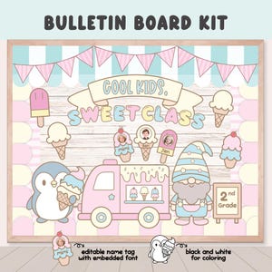 Kit de tablón de anuncios de verano en colores pastel, clipart de gnomo kawaii, decoración de puerta de verano, lindos y dulces dibujos para colorear, decoración de aula motivacional con actividades de verano