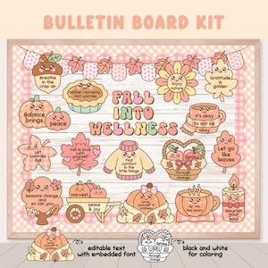 May include: A wooden bulletin board kit with a fall theme. The board features various illustrated elements like pumpkins, leaves, and a sweater, along with phrases such as "Fall into Wellness." The kit includes editable text and black and white coloring options.