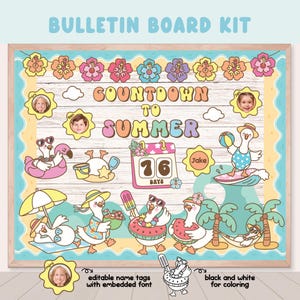 May include: A bulletin board kit with a summer theme. The board features a countdown to summer, with illustrations of ducks enjoying beach activities. Includes editable name tags and black and white coloring options.