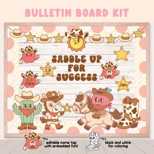 Tablón de anuncios escolar retro con mucho estilo occidental, ¡Hola, prepárate para triunfar!, clipart de vaquero del salvaje oeste, decoración de aula de otoño para imprimir