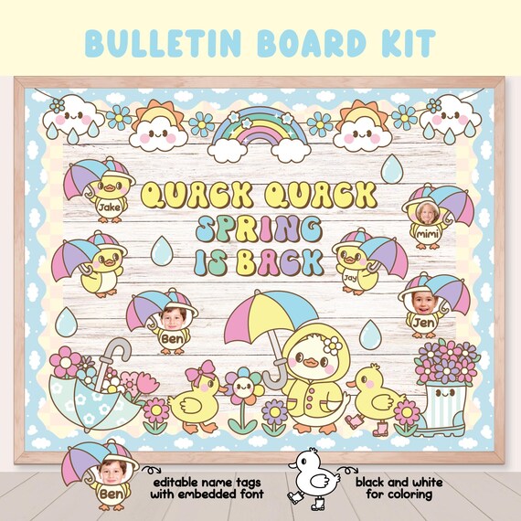 Groovy Spring Duckling Bulletin Board, Quack Spring is Back, April Showers Bring May Flowers Door Decor, Rainy Coloring, Editable name tag