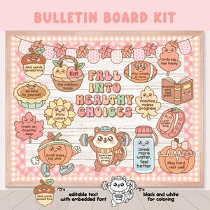 Fall Autumn Healthy Habits Bulletin Board, Pastel September Oct classroom Door Decor, Mental health Editable Text Coloring