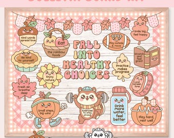 Puede incluir: Un kit de tablón de anuncios con marco de madera y fondo de cuadros rosas. El tablero presenta ilustraciones coloridas y texto que promueve opciones saludables, incluyendo "Fall into Healthy Choices". Incluye texto editable y opciones de coloreado en blanco y negro.