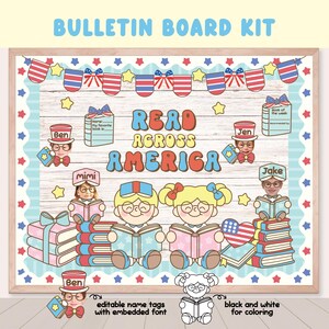 Lesen Sie über Amerika Frühling Bulletin Board, Willkommen in unserer Bibliothek, Bücherbibliothek April Klassenzimmer Tür Dekor, Süßes Buch 4. Juli Färbung