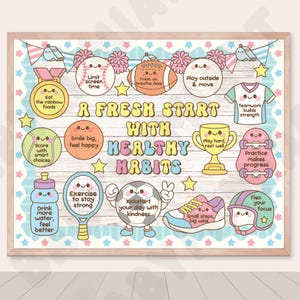 May include: A framed poster with a light wood border features a colorful illustration promoting healthy habits. The text "A Fresh Start With Healthy Habits" is displayed with various cartoon images of sports equipment and motivational phrases.
