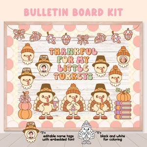 Groovy retro Thanksgiving Bulletin Board Kit, Thankful my Little Turkeys clipart, pastel retro groovy herfst herfst decor deur klaslokaal