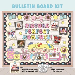May include: A bulletin board kit with a pastel color scheme featuring a wooden background, a title that reads "Picture Perfect Moments!" and a variety of images, including children, cameras, and stars. The kit includes editable name tags with embedded fonts and black and white images for coloring.