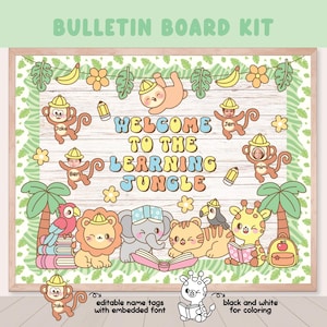 Könnte beinhalten: Ein farbenfrohes Pinnwand-Set mit Dschungel-Thema. Das Design umfasst Zeichentricktiere, den Text "WELCOME TO THE LEARNING JUNGLE" und editierbare Namensschilder. Das Set enthält auch eine Schwarz-Weiß-Malvorlage.